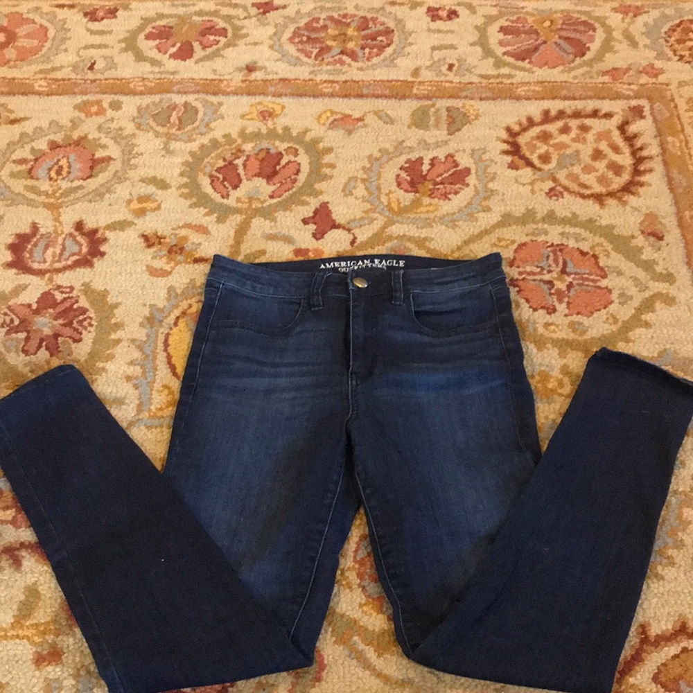 American Eagle dark wash, straight leg jeans.